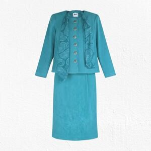 Vintage 80s Teal Faux Suede Leslie Fay Skirt Suit Set Paisley Scarf Size 10P